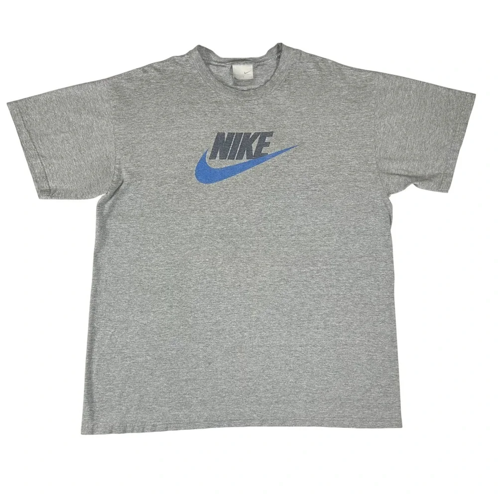 Nike Mens Graphic T-Shirt‎ Grey Blue Swoosh Spellout Logo Size